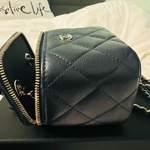CHANEL Caviar Quilted Mini Vanity Case with Chain, Navy Blue